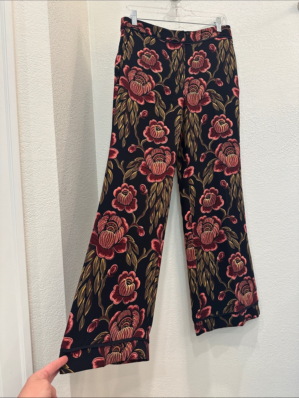 Ann Taylor Black Boot Cut Pants with Pink Floral Print